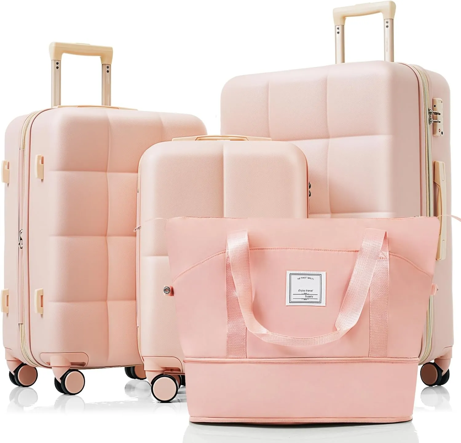 Merax 4 Piece Luggage Set, 20 with USB Port, Expandable ABS Durable Suitcase with Travel Bag, Cup Holder, ABS Hard Shell Luggage with Spinner Wheels, Pink