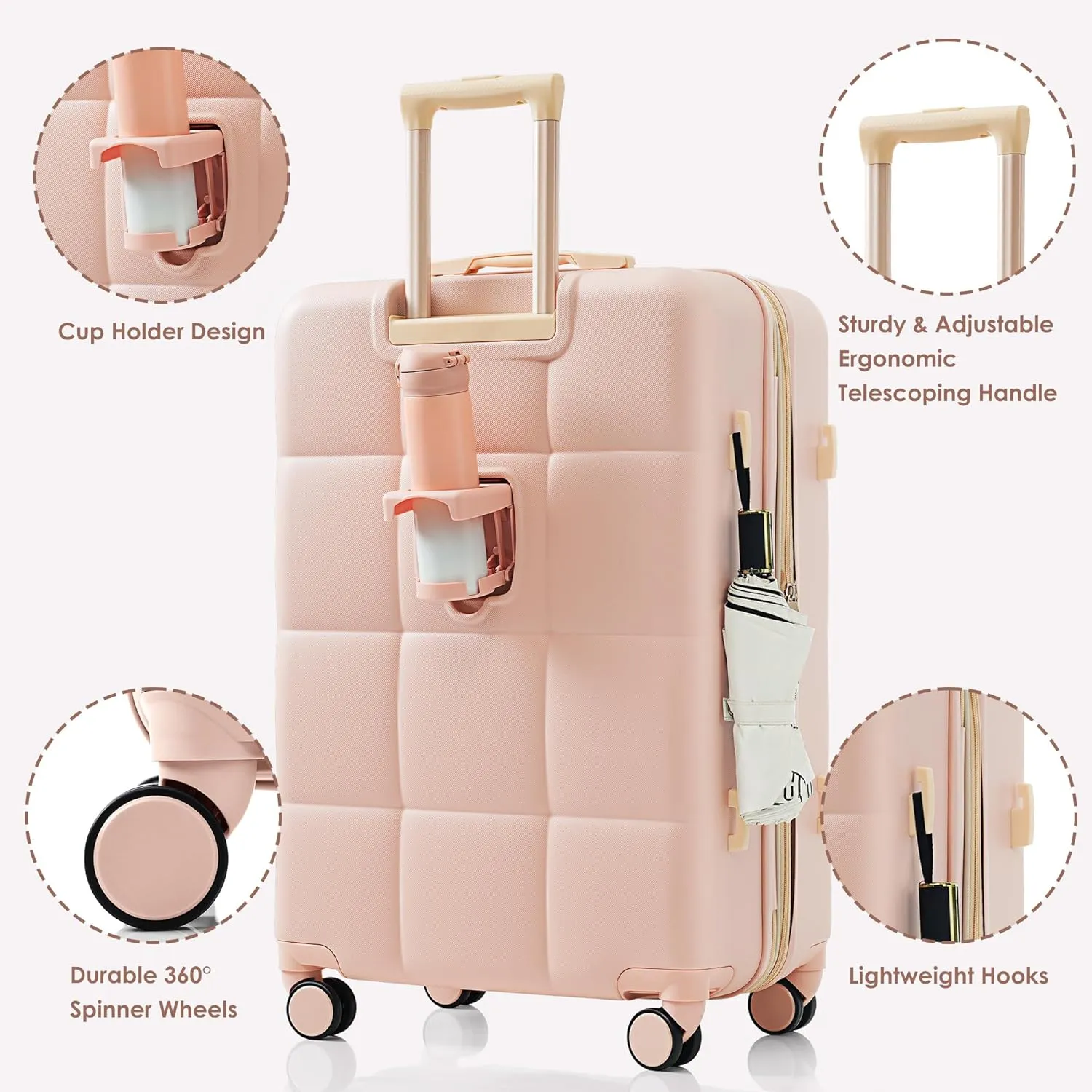 Merax 4 Piece Luggage Set, 20 with USB Port, Expandable ABS Durable Suitcase with Travel Bag, Cup Holder, ABS Hard Shell Luggage with Spinner Wheels, Pink