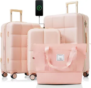 Merax 4 Piece Luggage Set, 20 with USB Port, Expandable ABS Durable Suitcase with Travel Bag, Cup Holder, ABS Hard Shell Luggage with Spinner Wheels, Pink