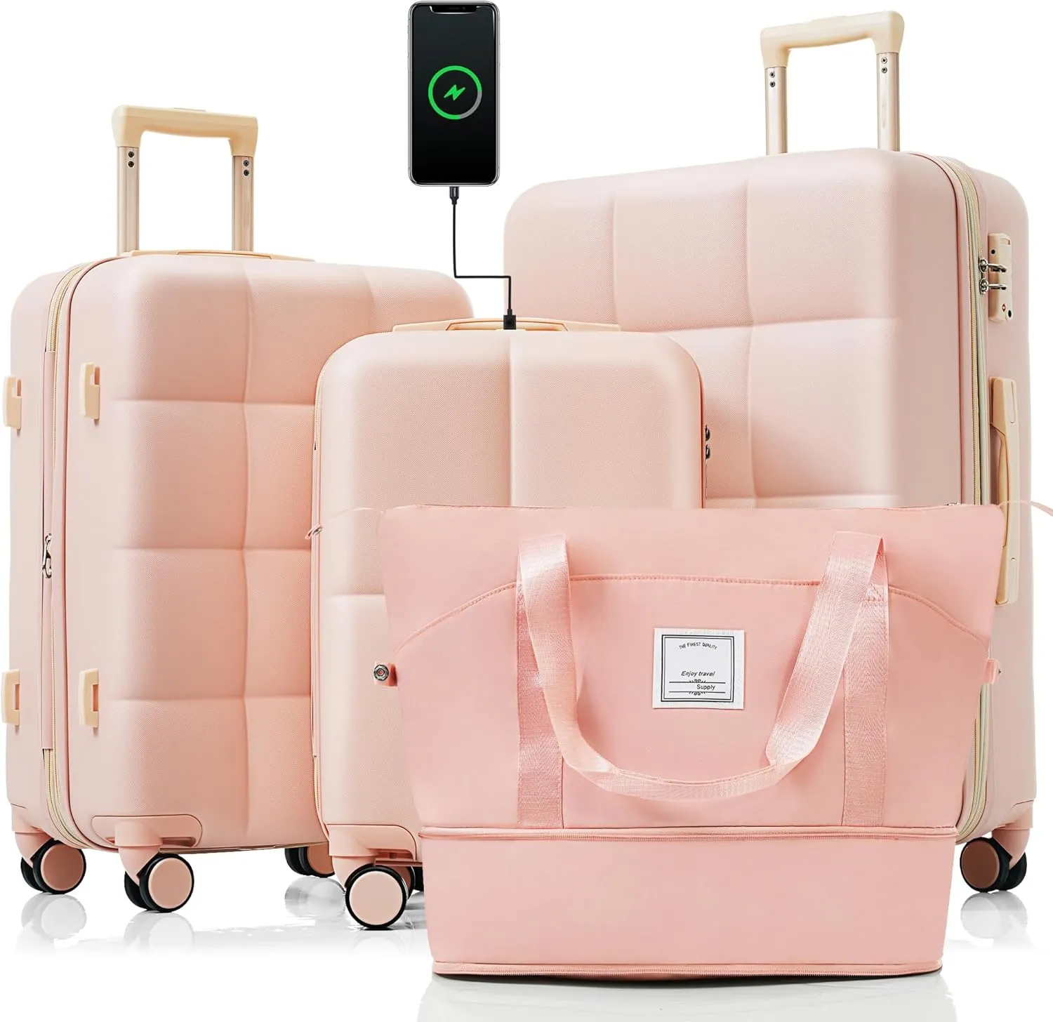 Merax 4 Piece Luggage Set, 20 with USB Port, Expandable ABS Durable Suitcase with Travel Bag, Cup Holder, ABS Hard Shell Luggage with Spinner Wheels, Pink