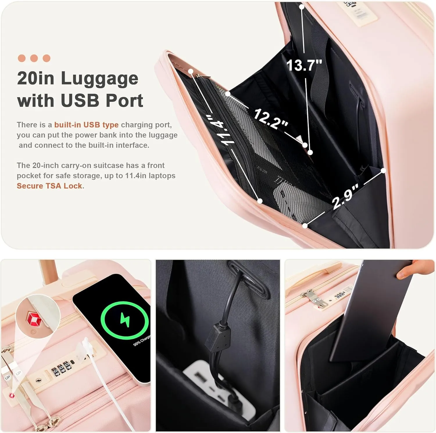 Merax Suitcases for Women ABS Hardshell Front-Opening Luggage Sets with Cup Holder, Light Pink, 20/24/28 Inch