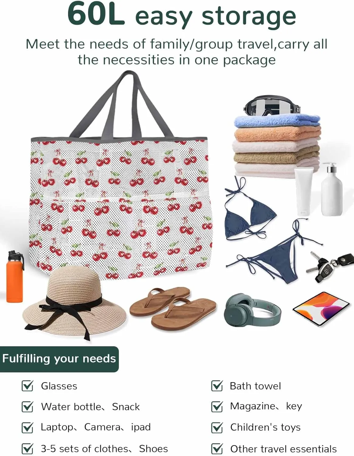 Mesh Beach Bag Oversized Tote Bags for Women Cherry Farm Fruit Seamless Large Travel Pool Bags with 8 Pockets