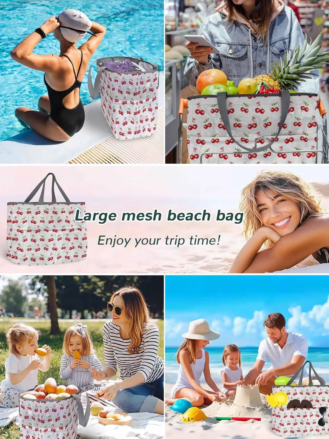 Mesh Beach Bag Oversized Tote Bags for Women Cherry Farm Fruit Seamless Large Travel Pool Bags with 8 Pockets
