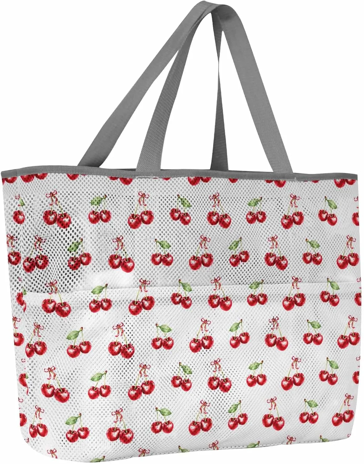 Mesh Beach Bag Oversized Tote Bags for Women Cherry Farm Fruit Seamless Large Travel Pool Bags with 8 Pockets