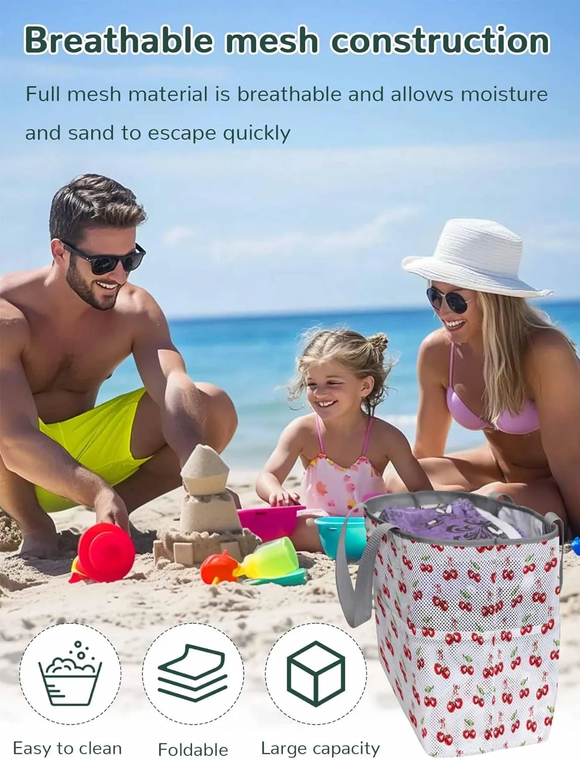 Mesh Beach Bag Oversized Tote Bags for Women Cherry Farm Fruit Seamless Large Travel Pool Bags with 8 Pockets
