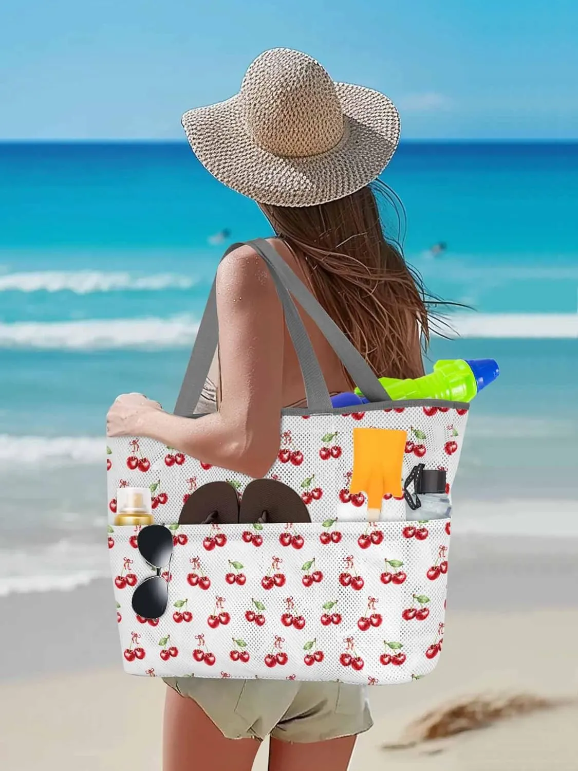 Mesh Beach Bag Oversized Tote Bags for Women Cherry Farm Fruit Seamless Large Travel Pool Bags with 8 Pockets