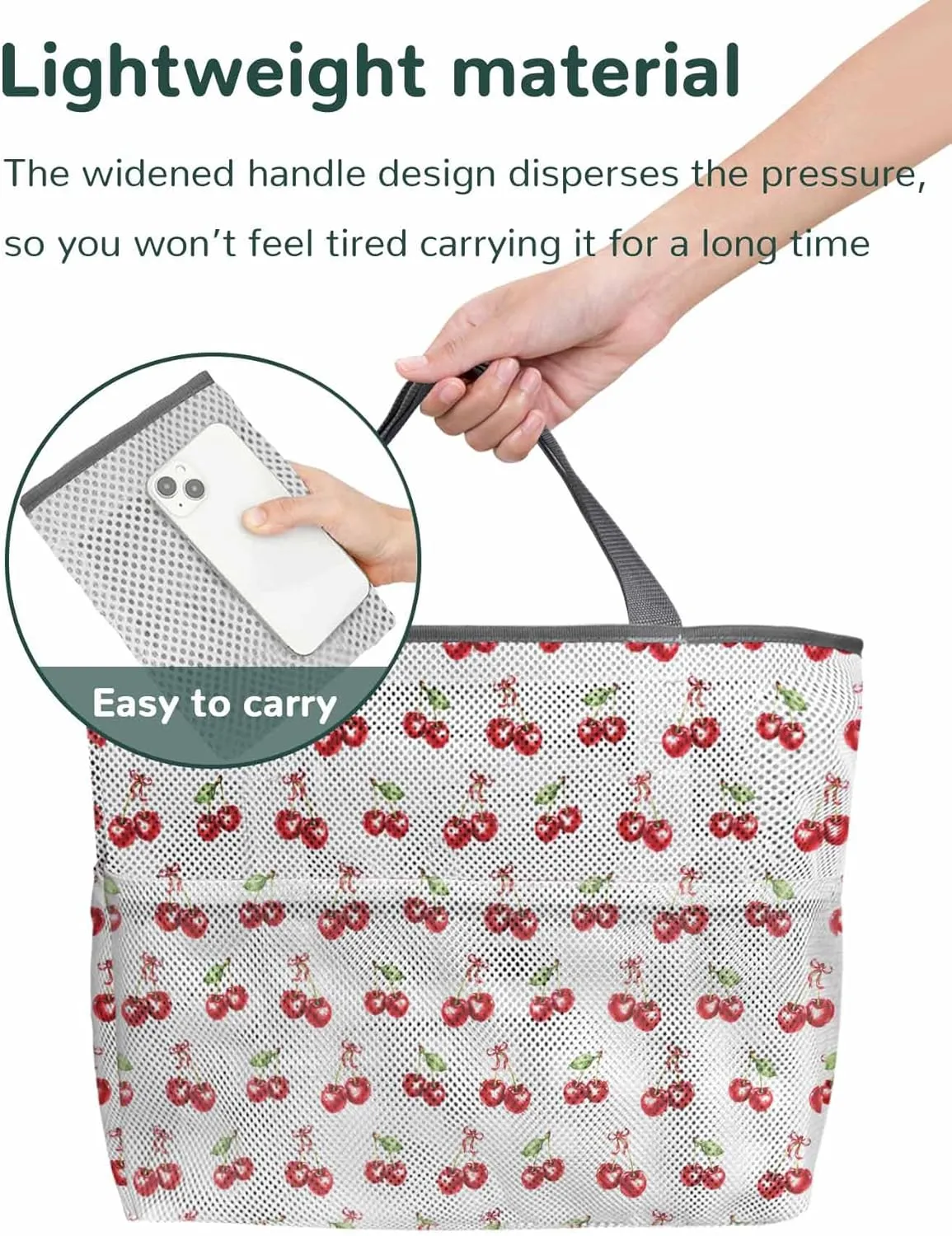 Mesh Beach Bag Oversized Tote Bags for Women Cherry Farm Fruit Seamless Large Travel Pool Bags with 8 Pockets
