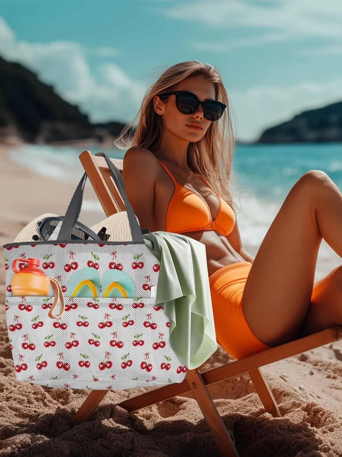 Mesh Beach Bag Oversized Tote Bags for Women Cherry Farm Fruit Seamless Large Travel Pool Bags with 8 Pockets