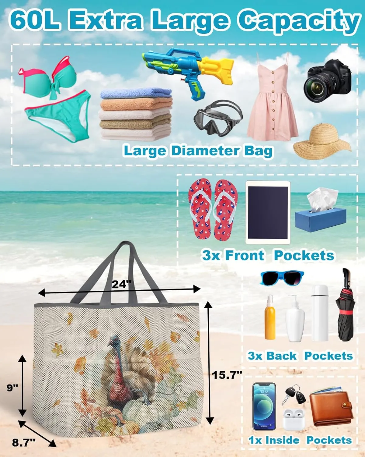 Mesh Beach Bag Oversized Tote Bags for Women Turkey Pumpkin Fall Thanksgiving Large Travel Pool Bags Grocery Toy 8 Pockets