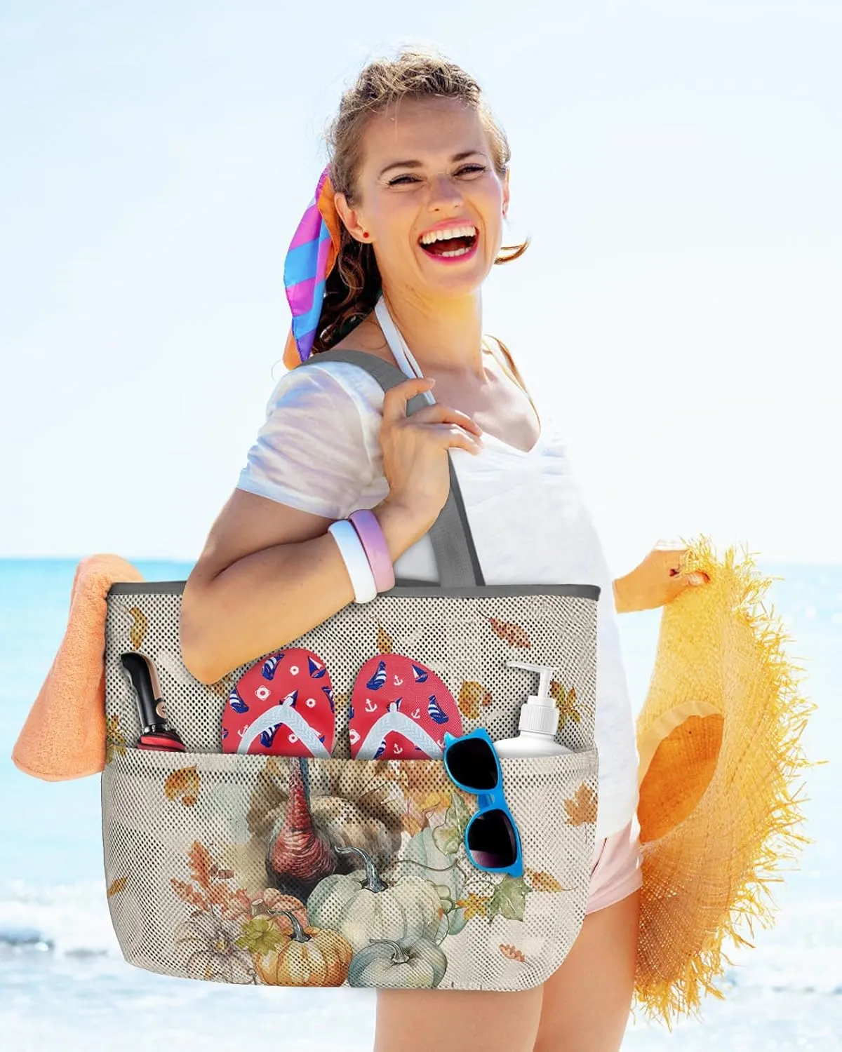Mesh Beach Bag Oversized Tote Bags for Women Turkey Pumpkin Fall Thanksgiving Large Travel Pool Bags Grocery Toy 8 Pockets