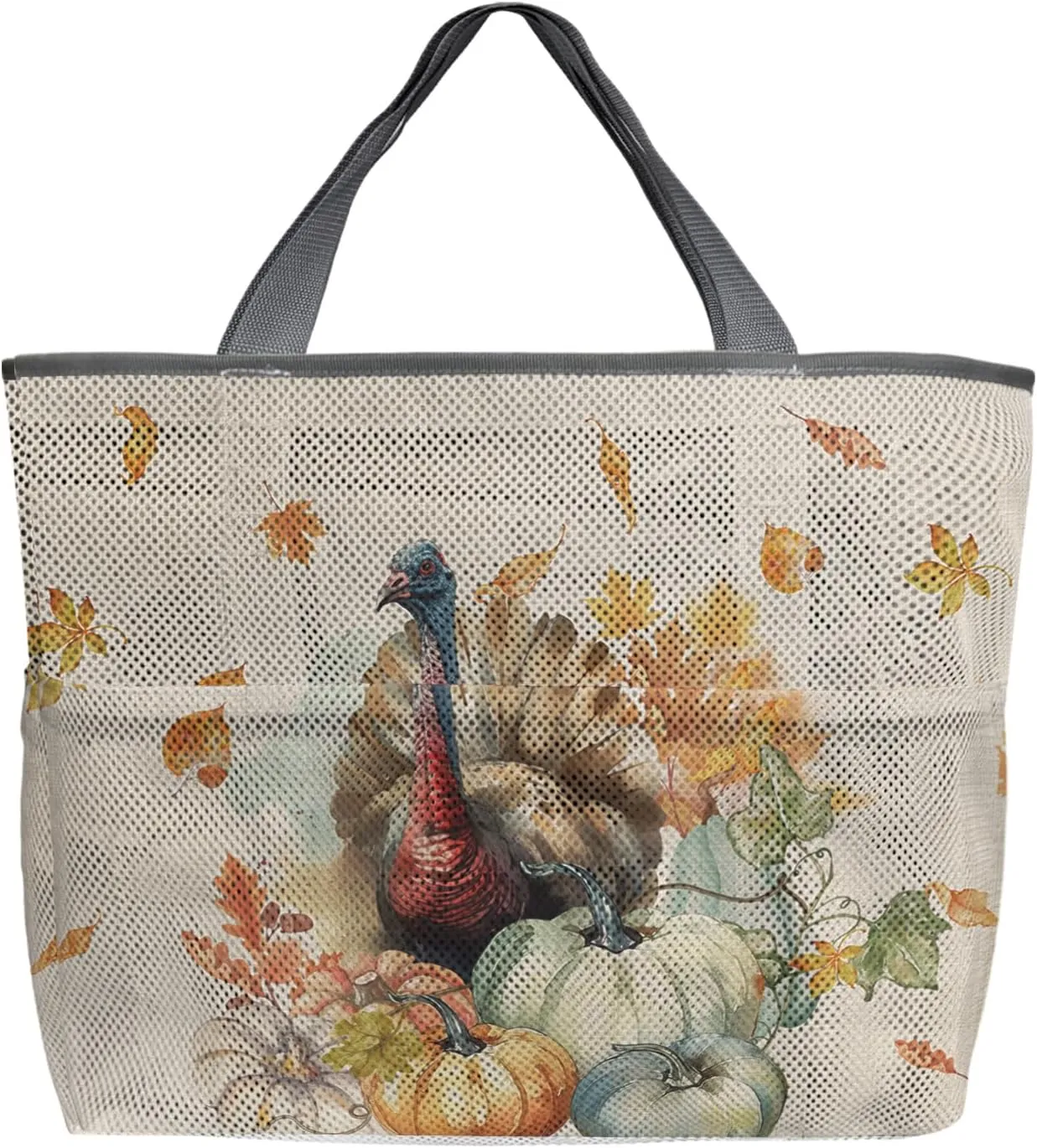 Mesh Beach Bag Oversized Tote Bags for Women Turkey Pumpkin Fall Thanksgiving Large Travel Pool Bags Grocery Toy 8 Pockets