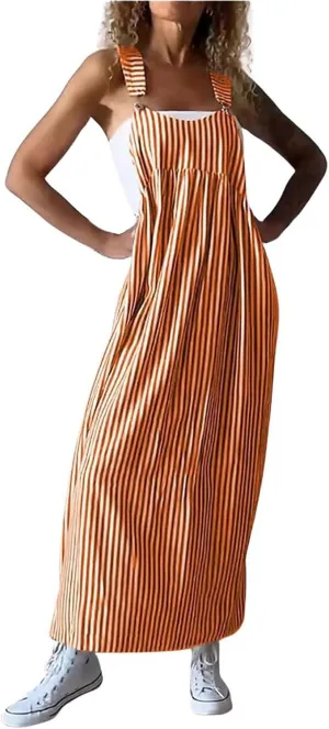 midelxp Striped Maxi Dress for Women Summer Y2k Square Neck Overall Dress Comfy Adjustable Strap Loose Long Beach Dresses