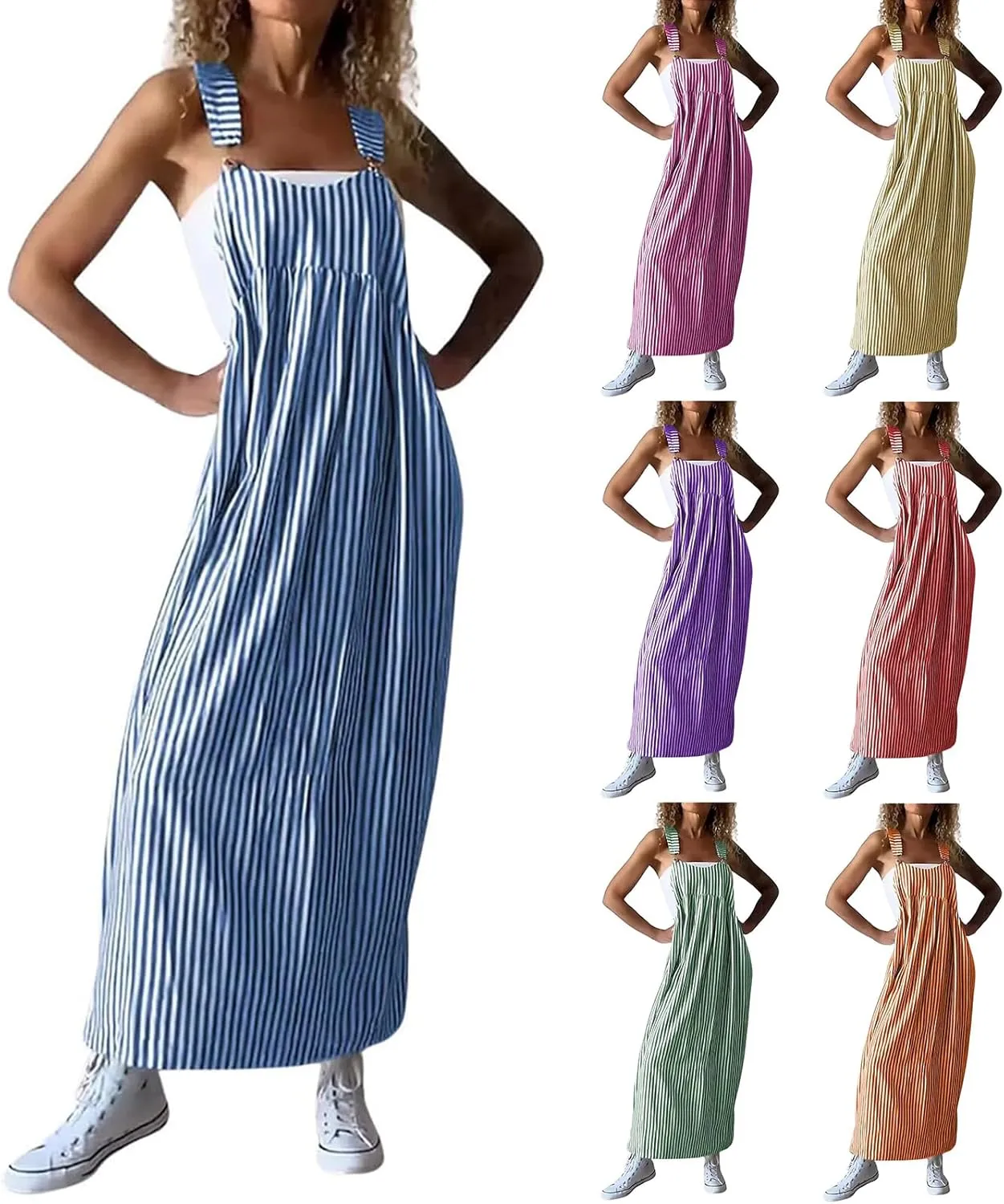 midelxp Striped Maxi Dress for Women Summer Y2k Square Neck Overall Dress Comfy Adjustable Strap Loose Long Beach Dresses
