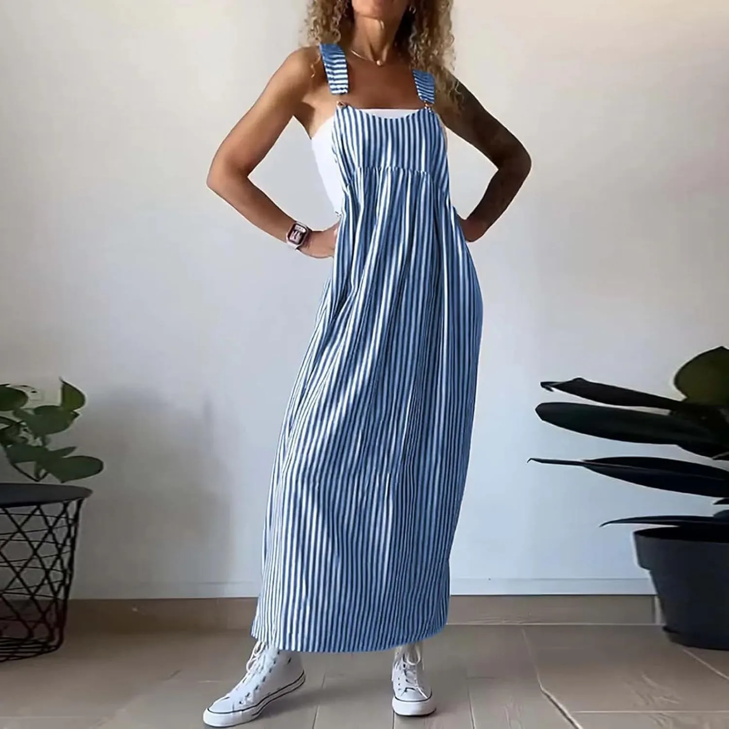 midelxp Striped Maxi Dress for Women Summer Y2k Square Neck Overall Dress Comfy Adjustable Strap Loose Long Beach Dresses