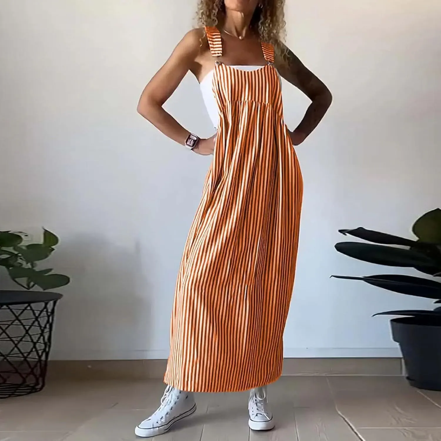 midelxp Striped Maxi Dress for Women Summer Y2k Square Neck Overall Dress Comfy Adjustable Strap Loose Long Beach Dresses