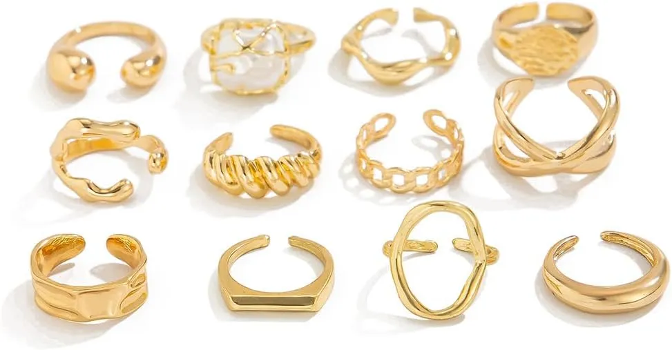 MIFYNN 12PCS Chunky Gold Rings for Women Baroque Pearl Ring Set Adjustable Chunky Thread Knuckle Ring Trendy Dainty Open Midi Rings Set Stackable Statement Jewelry for Bridal Wedding Gift