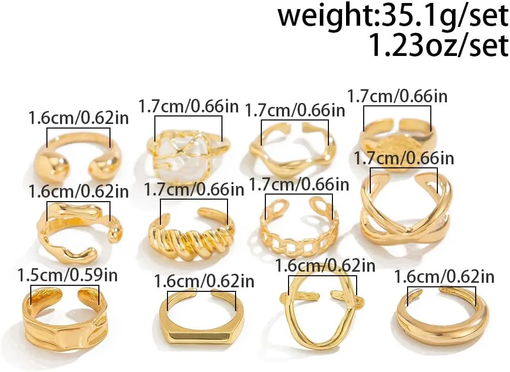 MIFYNN 12PCS Chunky Gold Rings for Women Baroque Pearl Ring Set Adjustable Chunky Thread Knuckle Ring Trendy Dainty Open Midi Rings Set Stackable Statement Jewelry for Bridal Wedding Gift