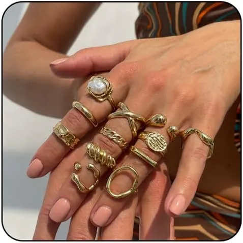 MIFYNN 12PCS Chunky Gold Rings for Women Baroque Pearl Ring Set Adjustable Chunky Thread Knuckle Ring Trendy Dainty Open Midi Rings Set Stackable Statement Jewelry for Bridal Wedding Gift