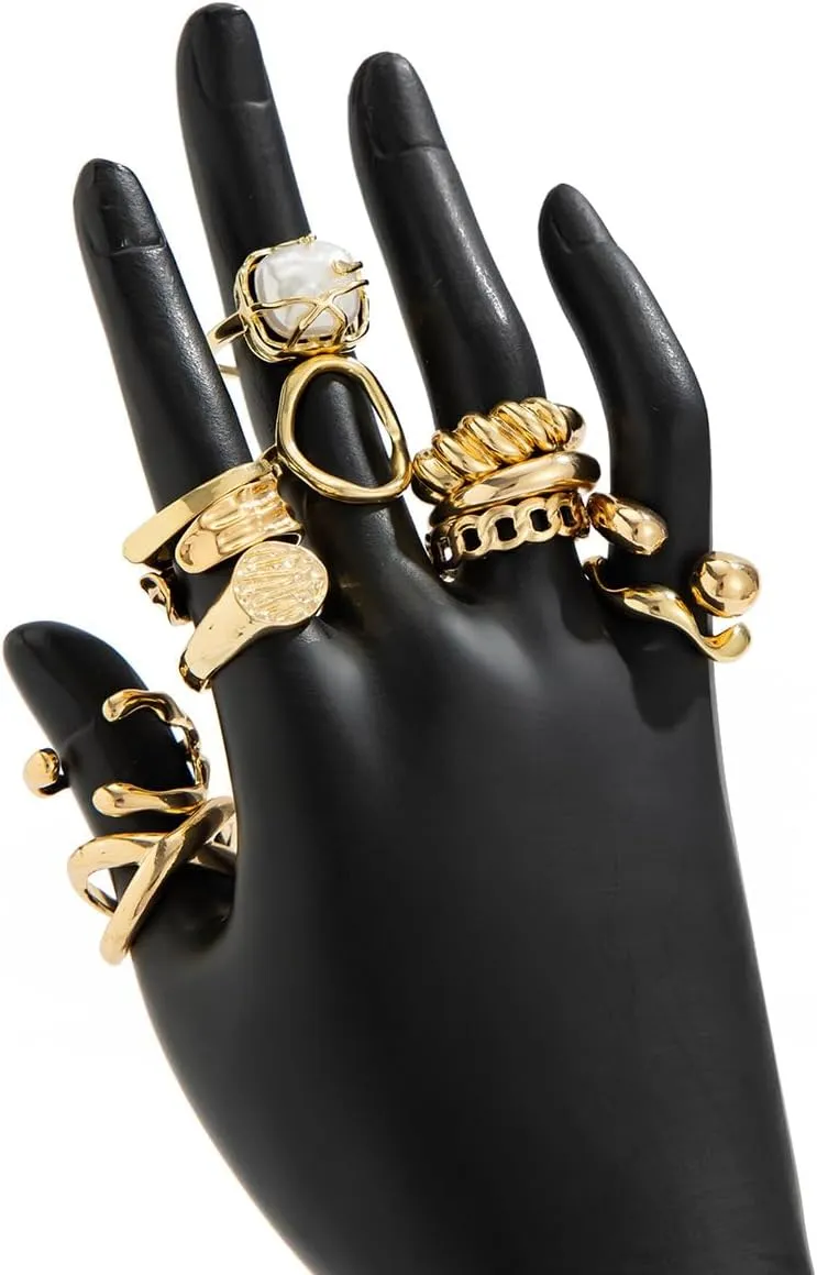 MIFYNN 12PCS Chunky Gold Rings for Women Baroque Pearl Ring Set Adjustable Chunky Thread Knuckle Ring Trendy Dainty Open Midi Rings Set Stackable Statement Jewelry for Bridal Wedding Gift