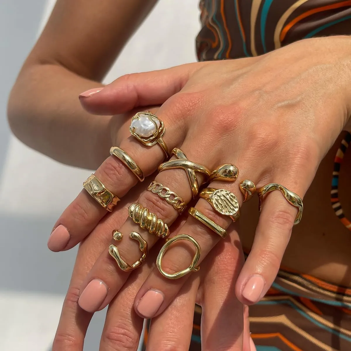 MIFYNN 12PCS Chunky Gold Rings for Women Baroque Pearl Ring Set Adjustable Chunky Thread Knuckle Ring Trendy Dainty Open Midi Rings Set Stackable Statement Jewelry for Bridal Wedding Gift