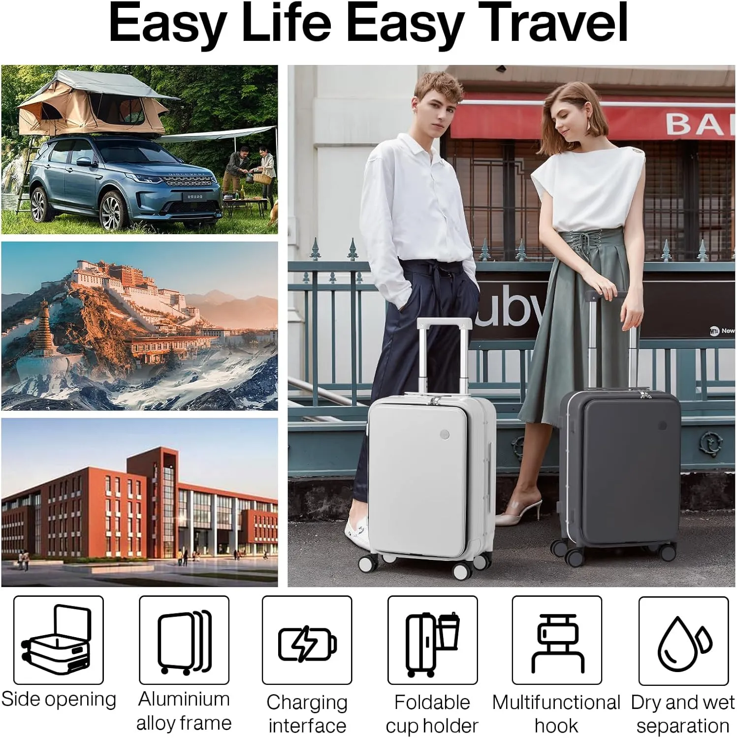 mixi Carry On Luggage with Cup Phone Holder and Charger Hard Shell Suitcases with Spinner Wheels, 20 Inch Smoke White