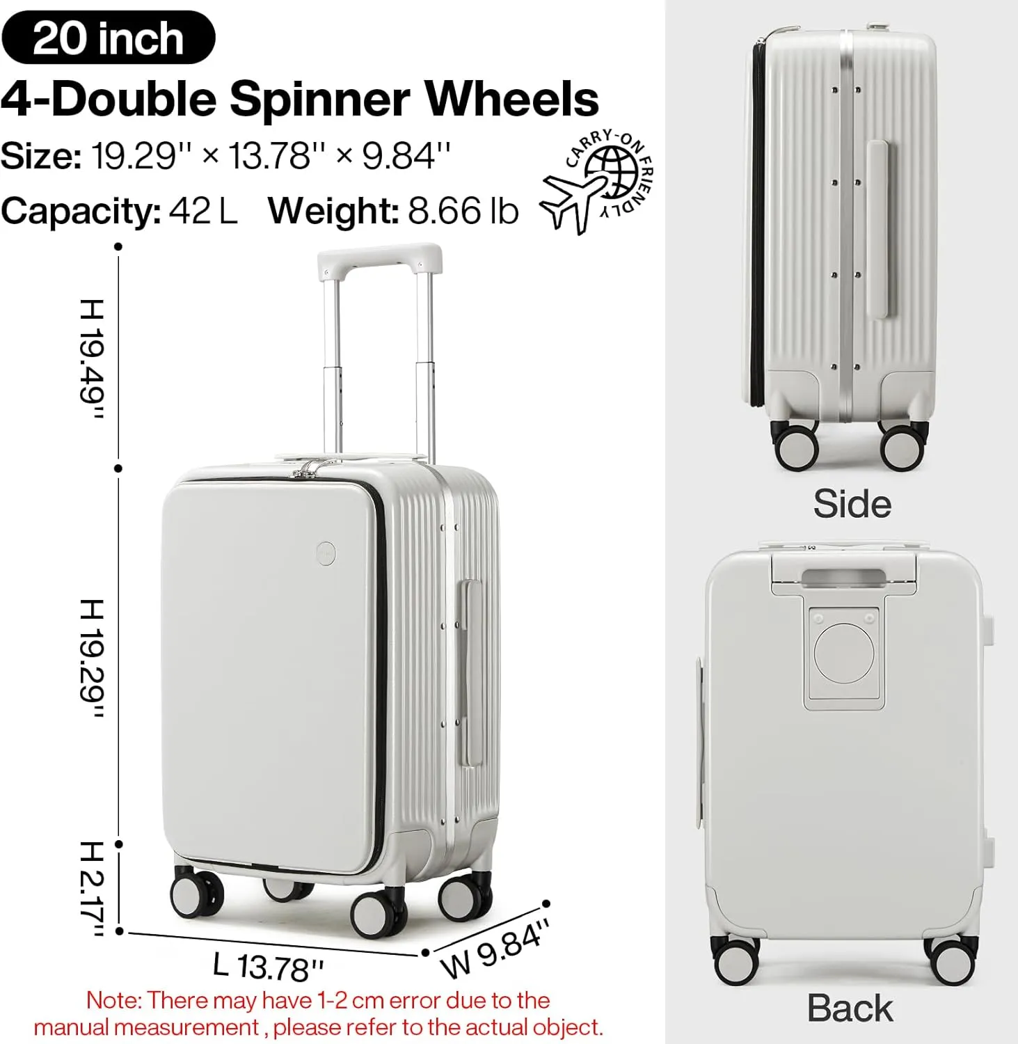 mixi Carry On Luggage with Cup Phone Holder and Charger Hard Shell Suitcases with Spinner Wheels, 20 Inch Smoke White