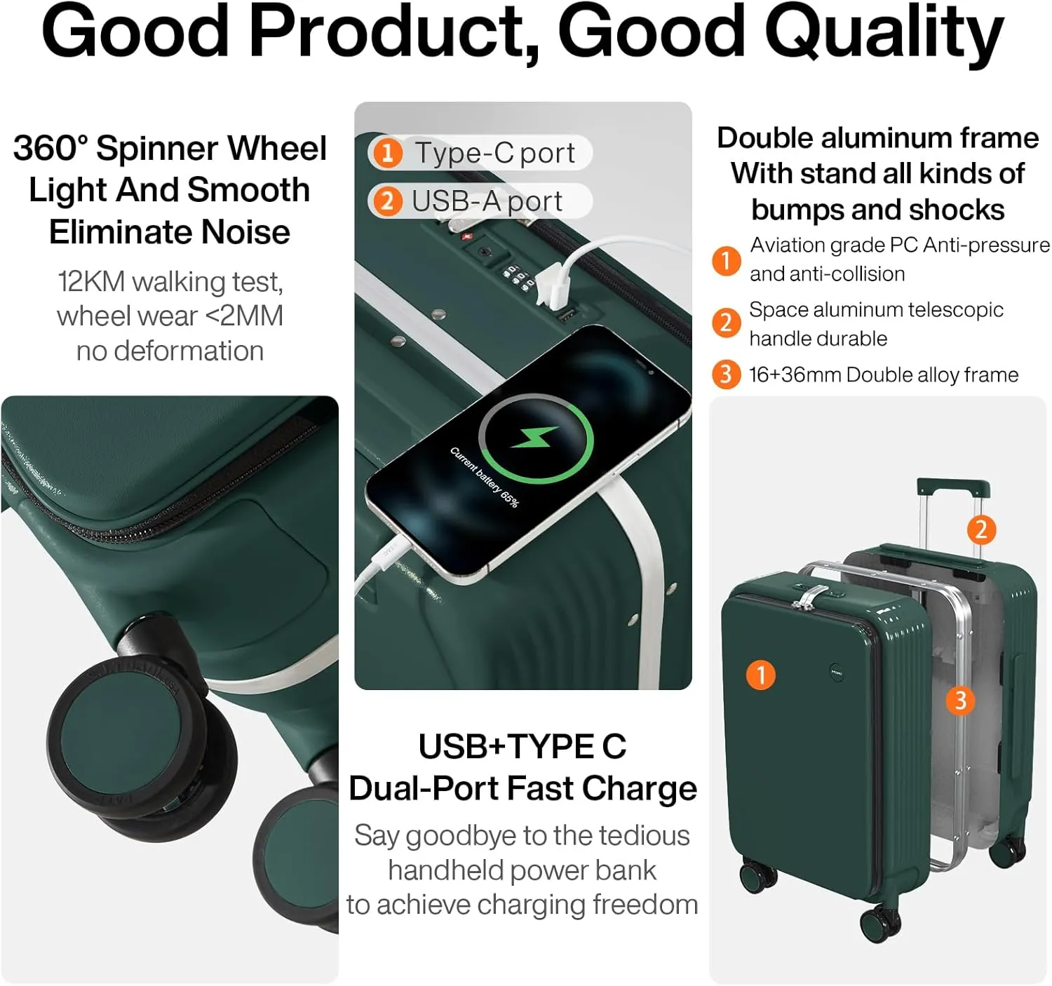 mixi Carry On Luggage with Cup Phone Holder and Charger Hard Shell Suitcases with Spinner Wheels,20 Inch Blackish Green