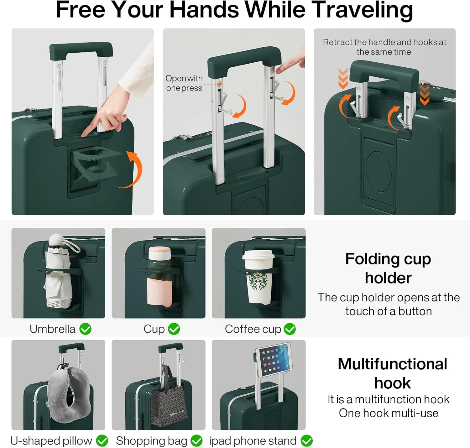 mixi Carry On Luggage with Cup Phone Holder and Charger Hard Shell Suitcases with Spinner Wheels,20 Inch Blackish Green