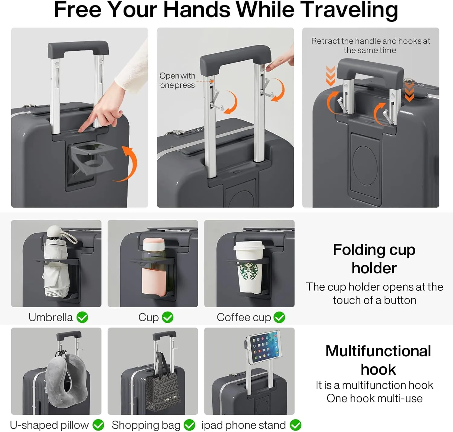 mixi Carry On Luggage with Cup Phone Holder and Charger Hard Shell Suitcases with Spinner Wheels,20 Inch Rock Gray