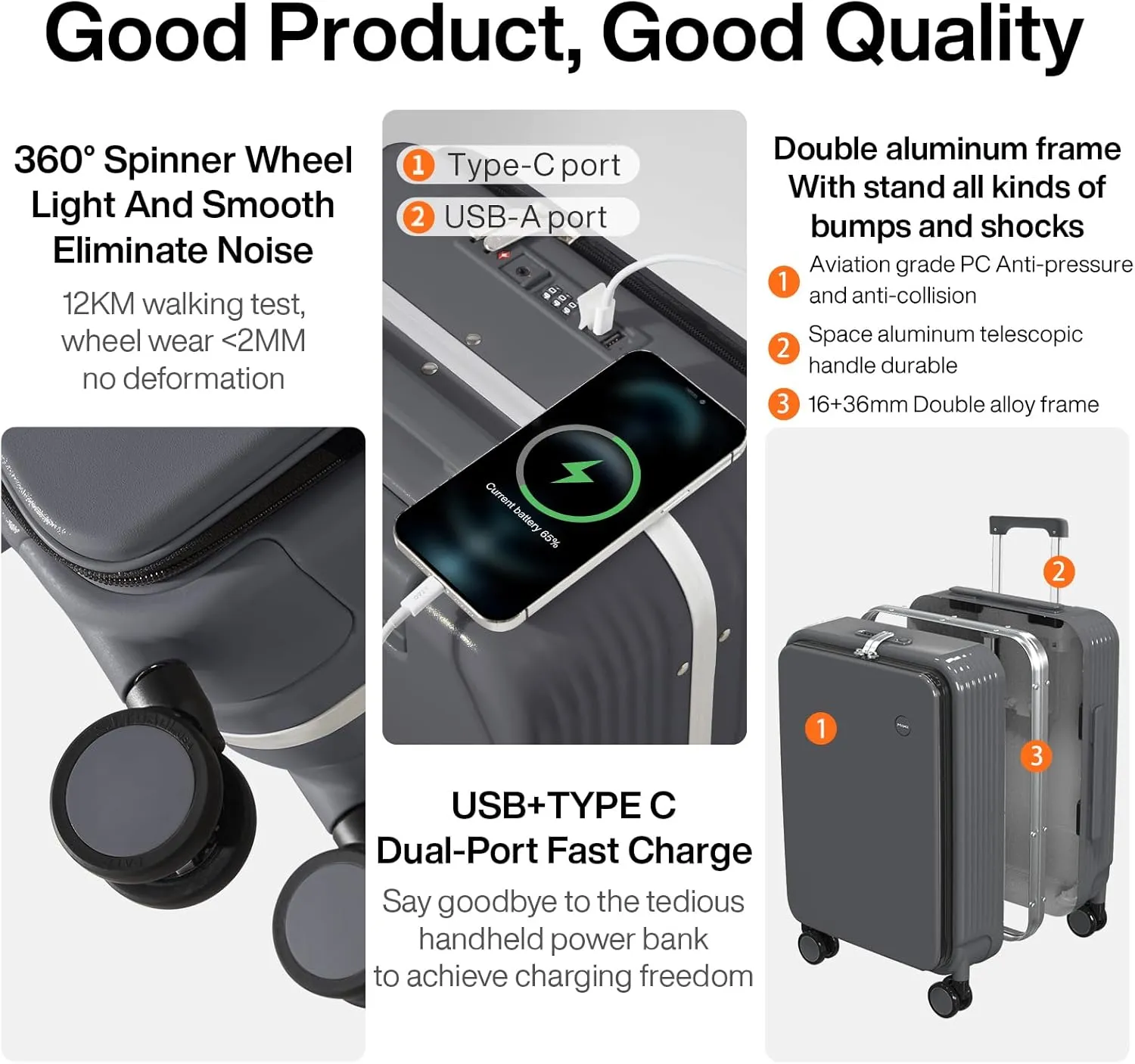 mixi Carry On Luggage with Cup Phone Holder and Charger Hard Shell Suitcases with Spinner Wheels,20 Inch Rock Gray