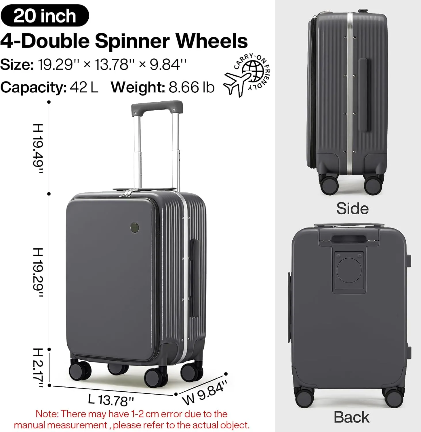 mixi Carry On Luggage with Cup Phone Holder and Charger Hard Shell Suitcases with Spinner Wheels,20 Inch Rock Gray