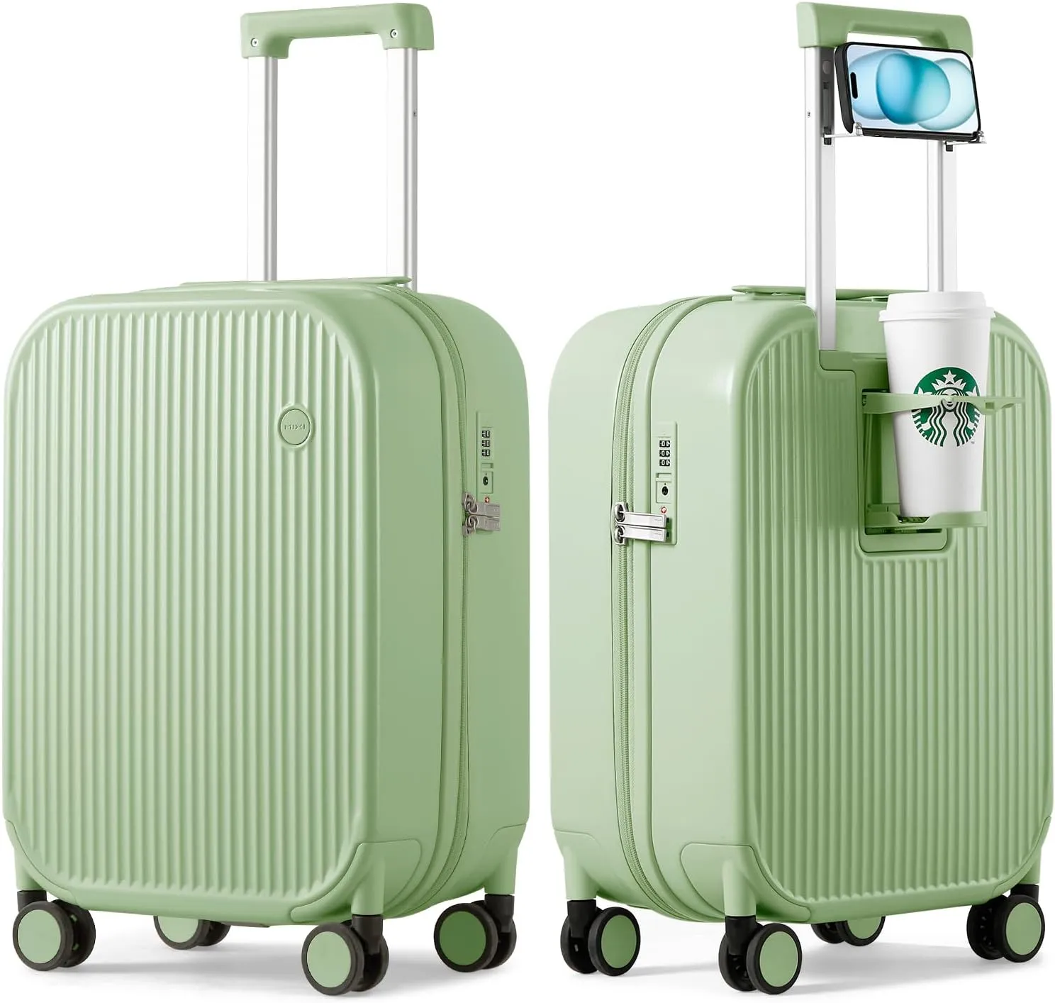 mixi Carry On Luggage with Cup Phone Holder Hard Shell Rolling Travel Suitcase with Spinner Wheels,20 Inch Avocado Green