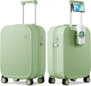 mixi Carry On Luggage with Cup Phone Holder Hard Shell Rolling Travel Suitcase with Spinner Wheels,20 Inch Avocado Green