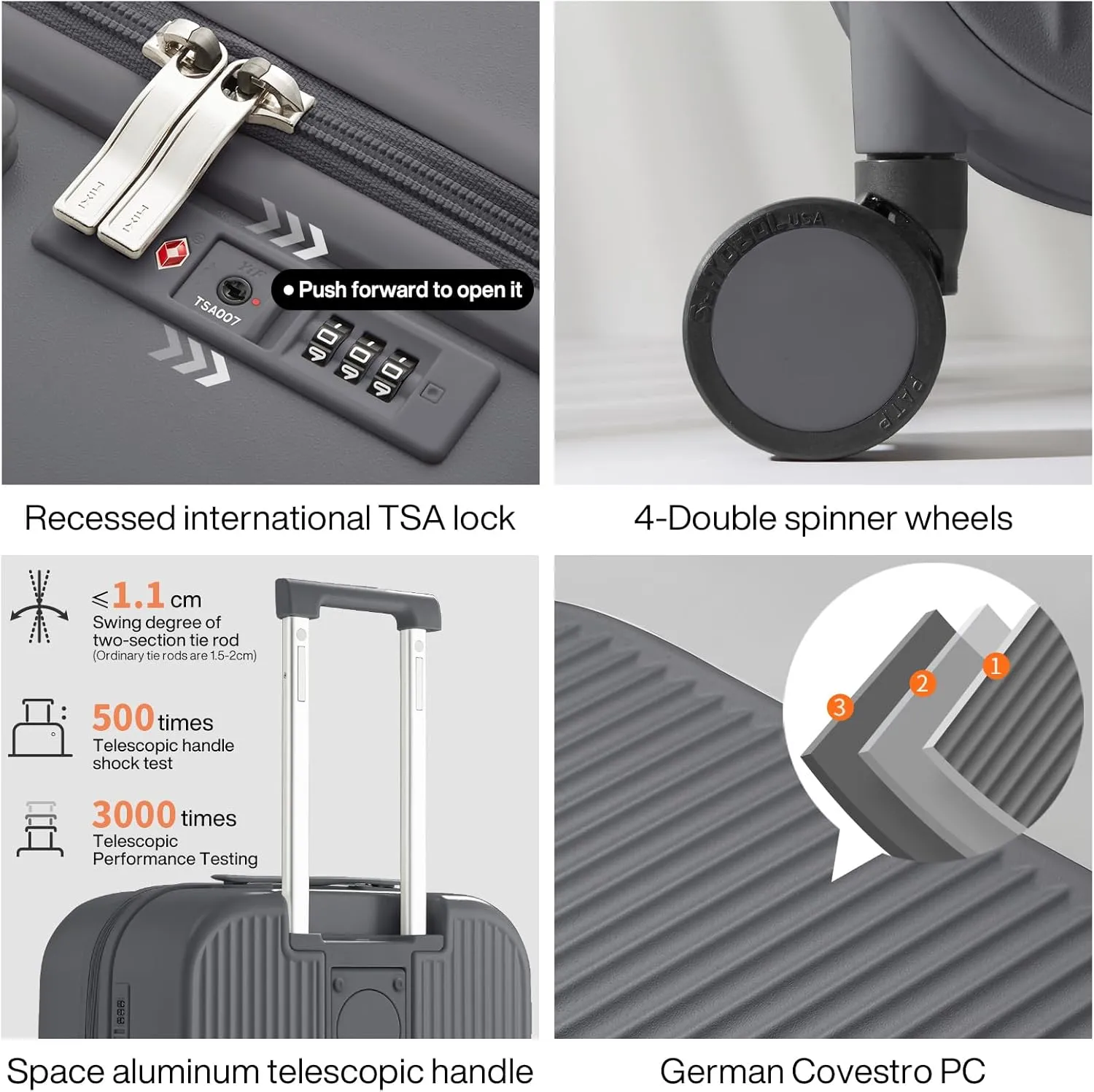 mixi Carry On Luggage with Cup Phone Holder Hard Shell Rolling Travel Suitcase with Spinner Wheels,20 Inch Rock Grey