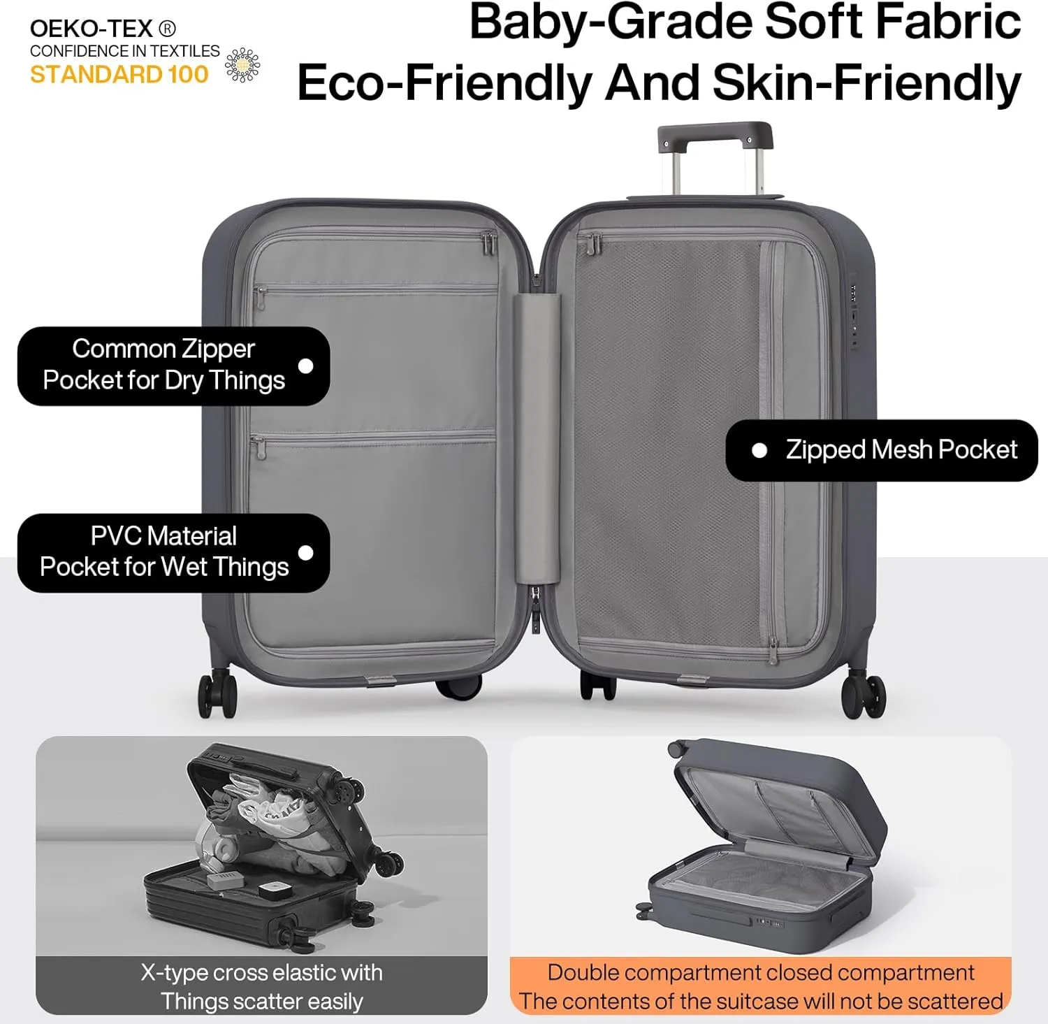 mixi Carry On Luggage with Cup Phone Holder Hard Shell Rolling Travel Suitcase with Spinner Wheels,20 Inch Rock Grey
