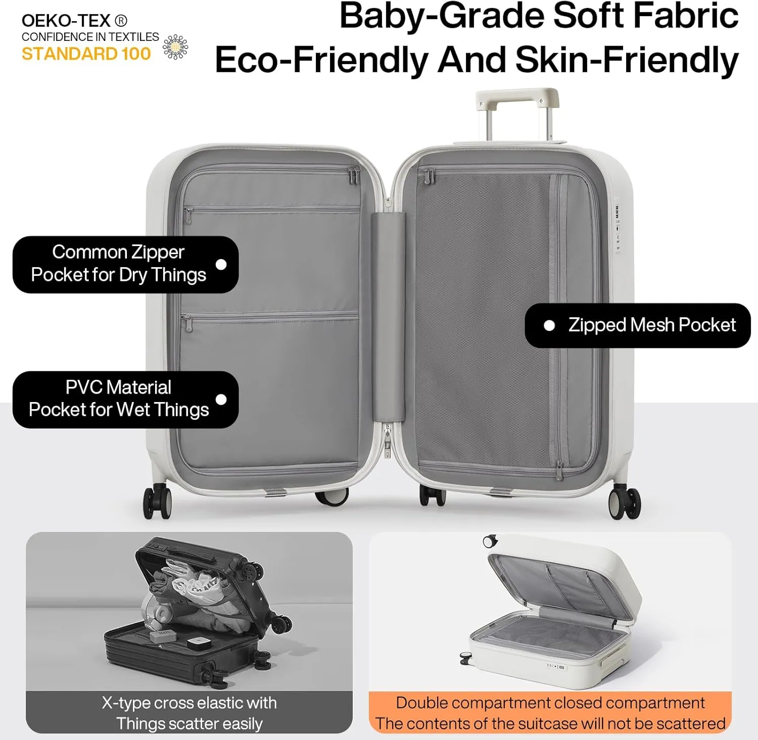 mixi Carry On Luggage with Cup Phone Holder Hard Shell Rolling Travel Suitcase with Spinner Wheels,20 Inch Smoke White
