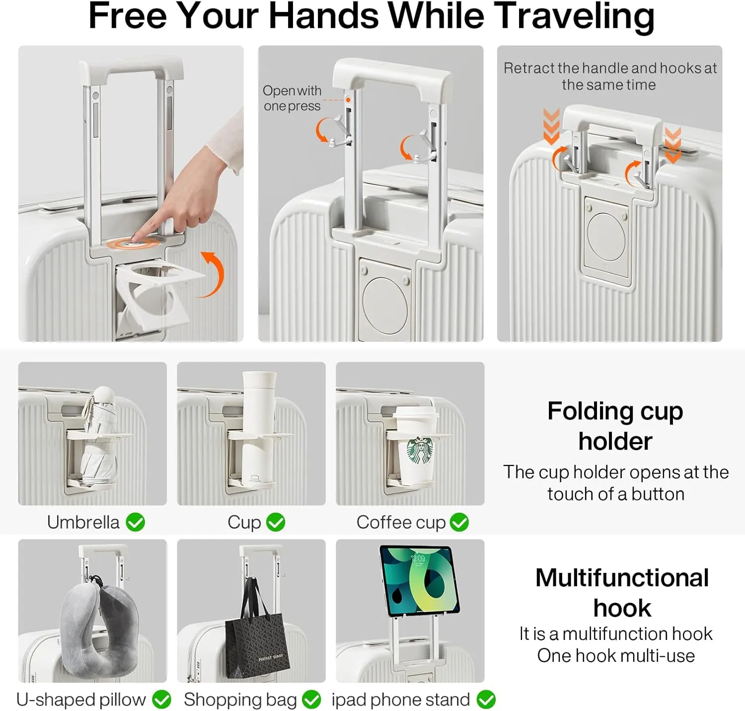 mixi Carry On Luggage with Cup Phone Holder Hard Shell Rolling Travel Suitcase with Spinner Wheels,20 Inch Smoke White