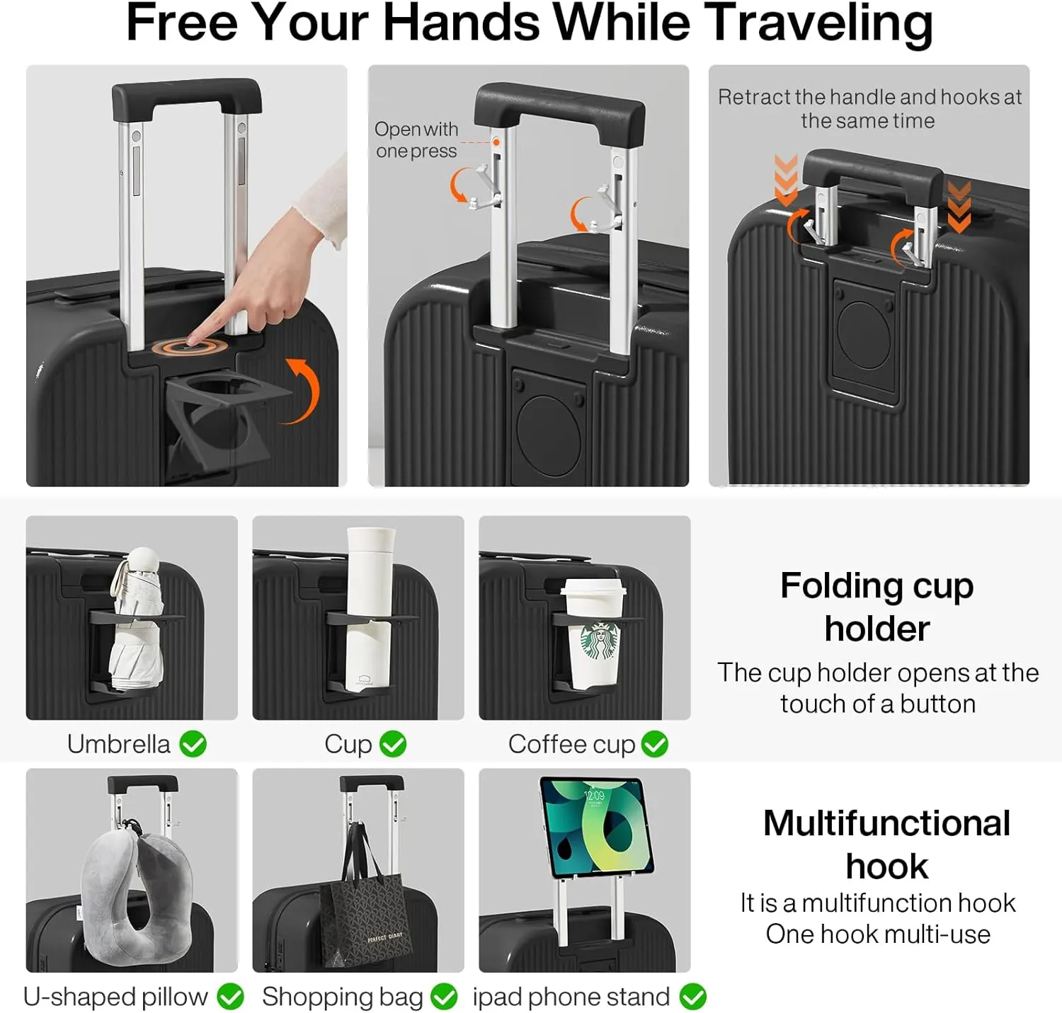 mixi Carry On Luggage with Cup Phone Holder Hard Shell Rolling Travel Suitcases with Spinner Wheels,20 Inch Black