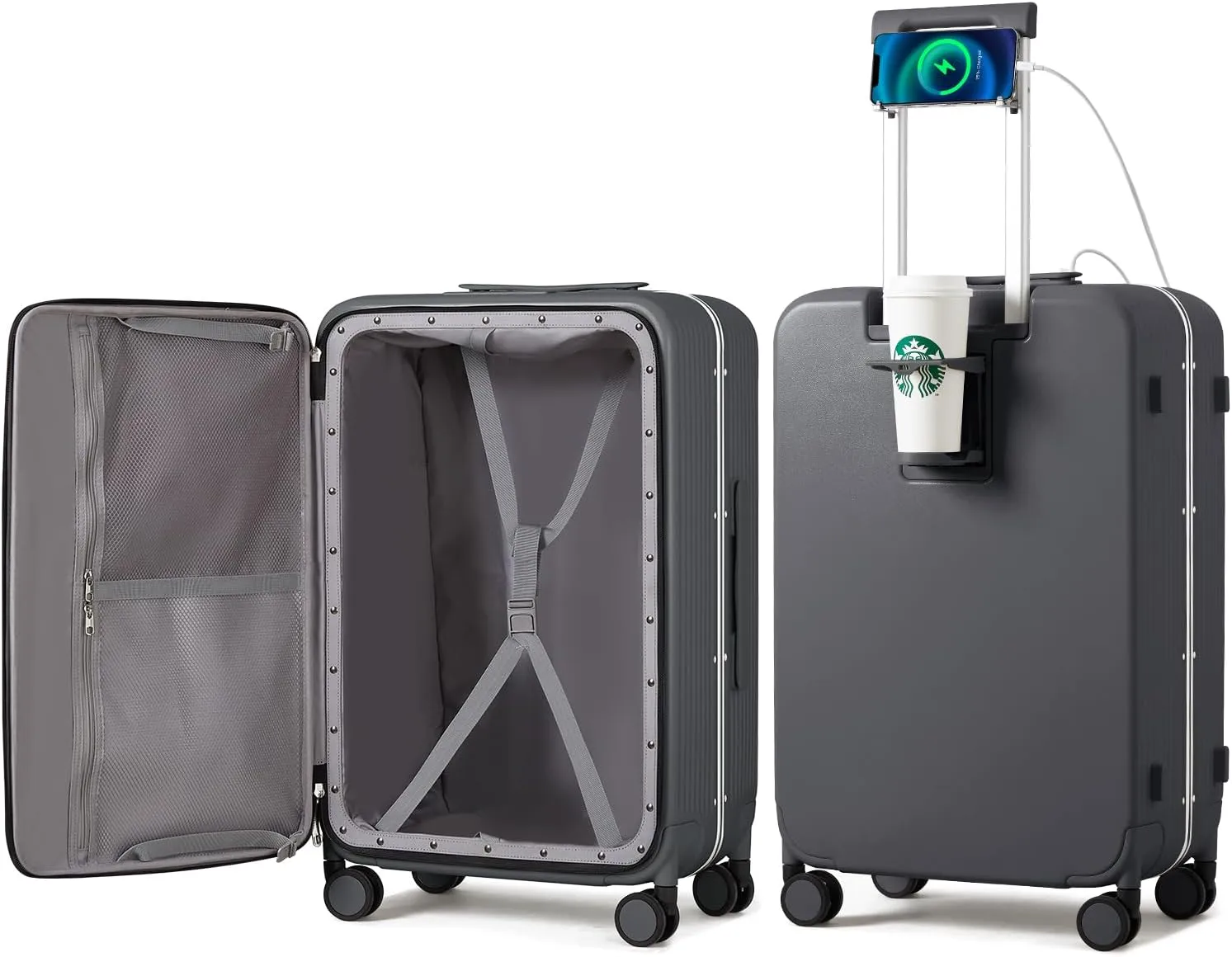 mixi Checked Luggage with Cup Phone Holder and Charger Hard Shell Suitcases with Spinner Wheels, 24 Inch Rock Gray