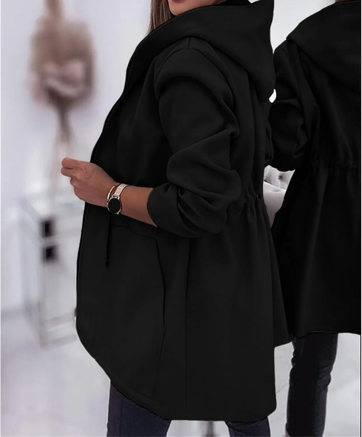 Mmoneyake Long Jackets for Wome 2024 Cozy Zip Up Plain Hoodies Drawstring Fleece Jacket Open Front Cardigan Fall Winter Coat