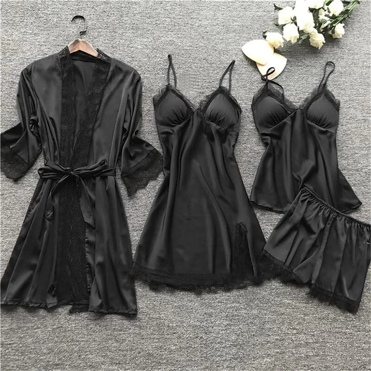 Mmoneyake Women's Satin Pajama Set 4Pcs Lace Trim Cami Tops Shorts Sleepwear Nightdress with Robe Loungewear Nightgown Pjs