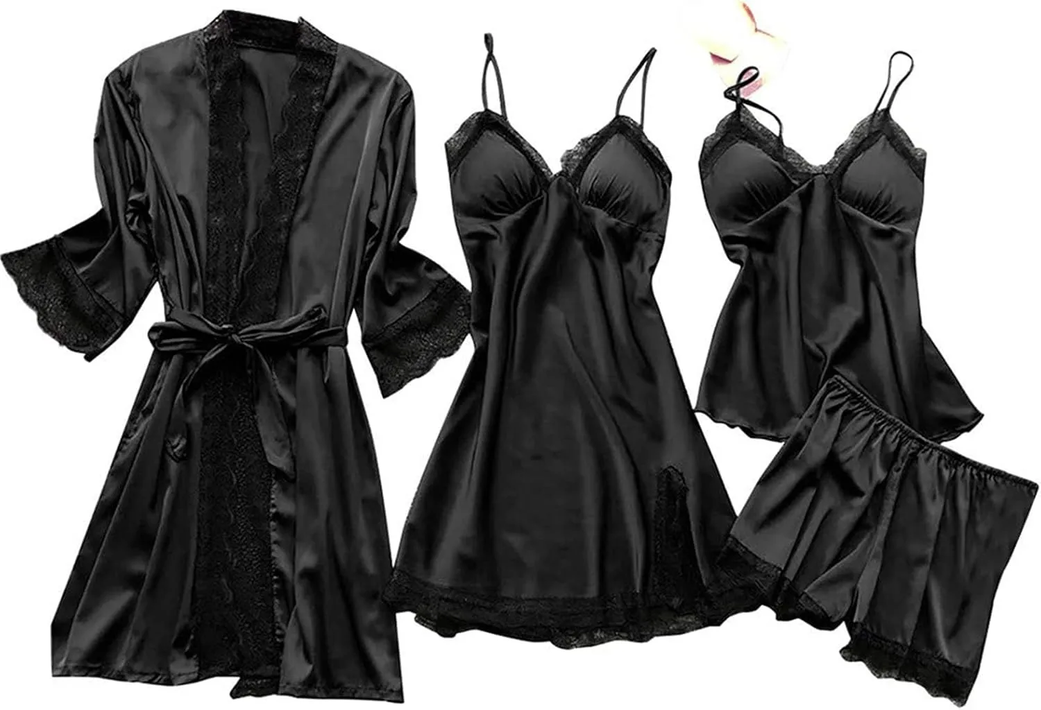 Mmoneyake Women's Satin Pajama Set 4Pcs Lace Trim Cami Tops Shorts Sleepwear Nightdress with Robe Loungewear Nightgown Pjs
