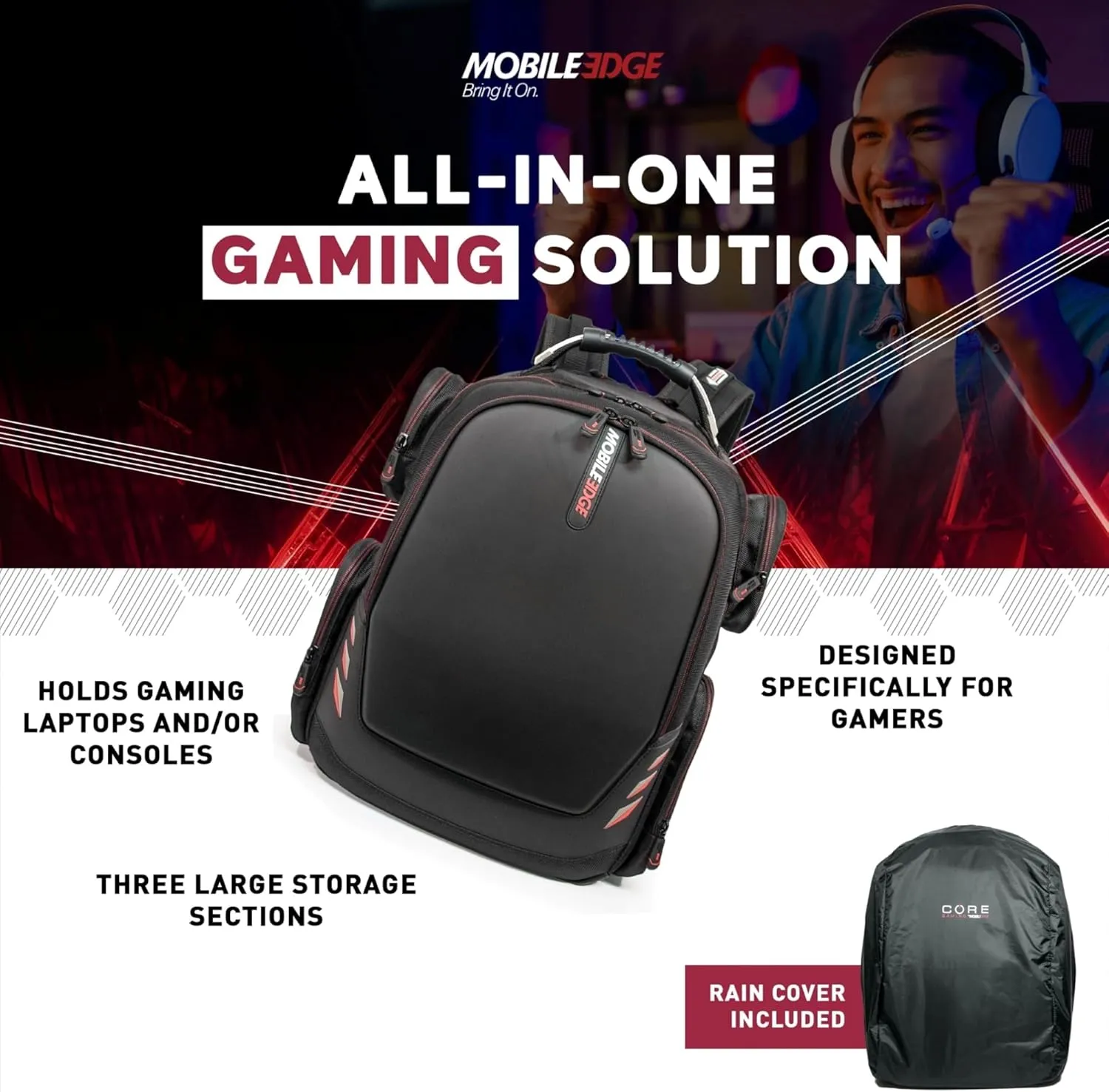 Mobile Edge Core Gaming Laptop Backpack for 17-18 Inch Laptops with USB Charging Port and Cable, TSA-Friendly, Black/Red