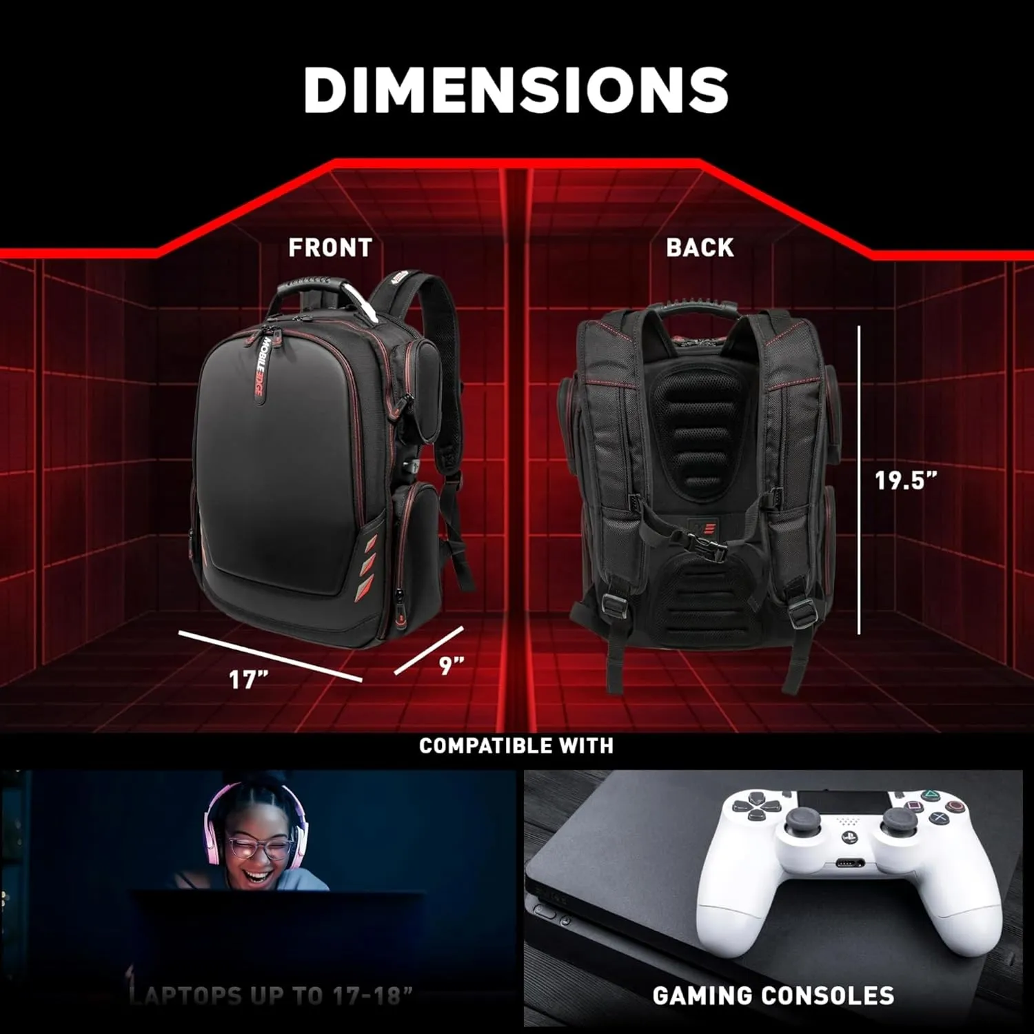 Mobile Edge Core Gaming Laptop Backpack for 17-18 Inch Laptops with USB Charging Port and Cable, TSA-Friendly, Black/Red