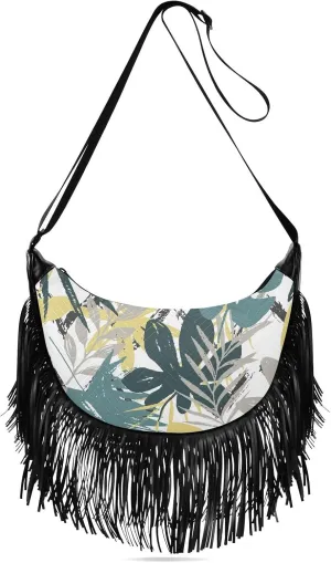 Modern Floral Tropical Leaves Trendy Fringe Bag for Women Cross Body Bag Tassel Shoulder Bag Satchel