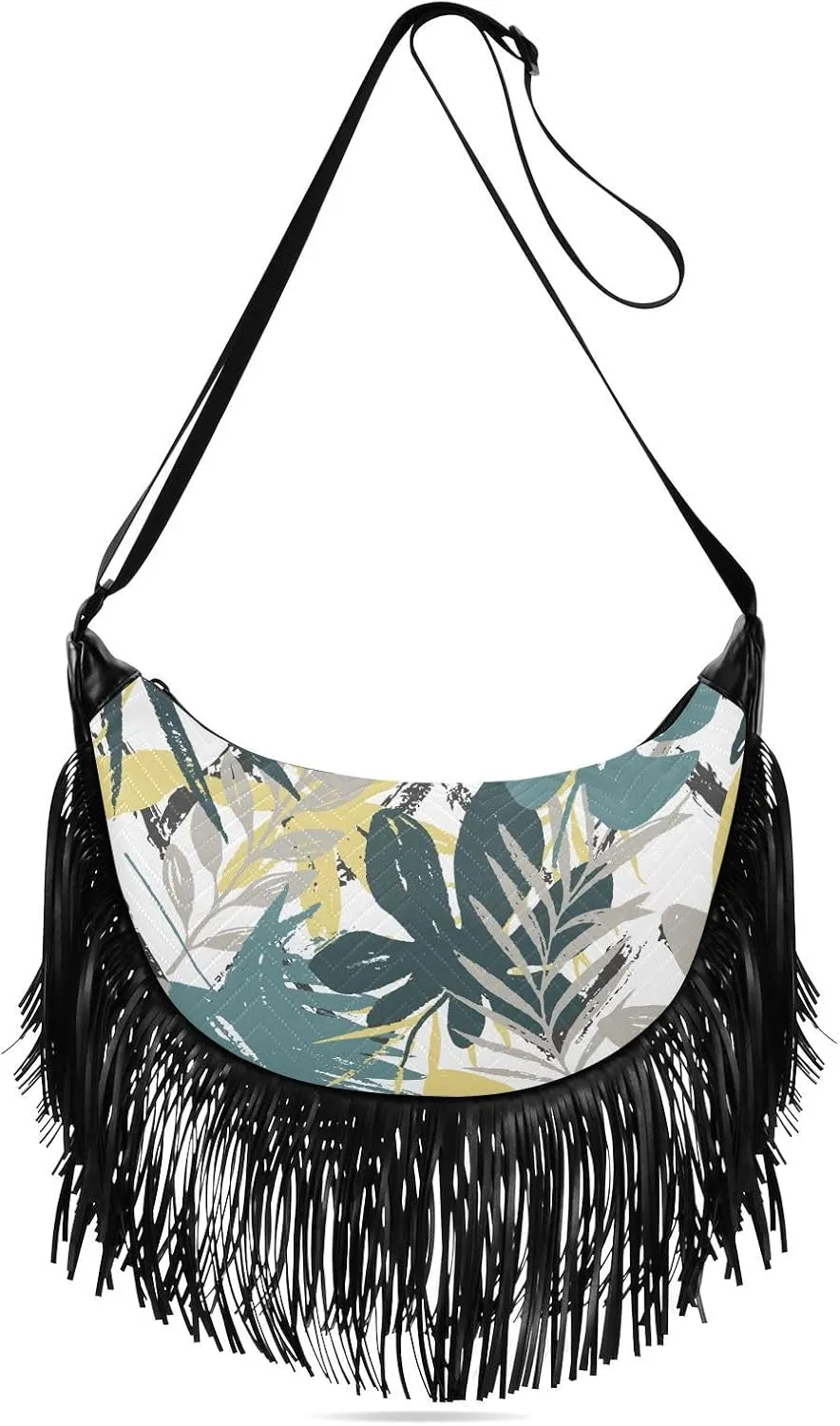 Modern Floral Tropical Leaves Trendy Fringe Bag for Women Cross Body Bag Tassel Shoulder Bag Satchel