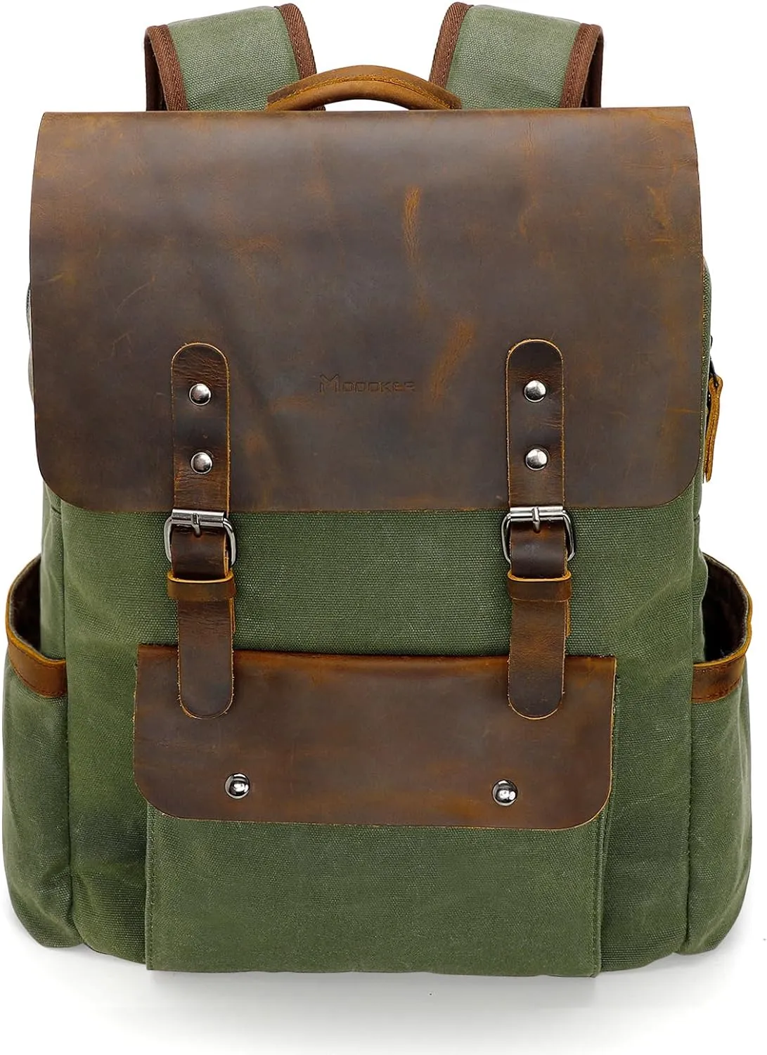Modoker Waxed Canvas Backpack, Leather Rucksack Knapsack for Men Woman Vintage Travel Laptop Backpack 15.6 Inch Satchel Backpack, Retro Flap Backpacks Canvas Casual Daypack, Green