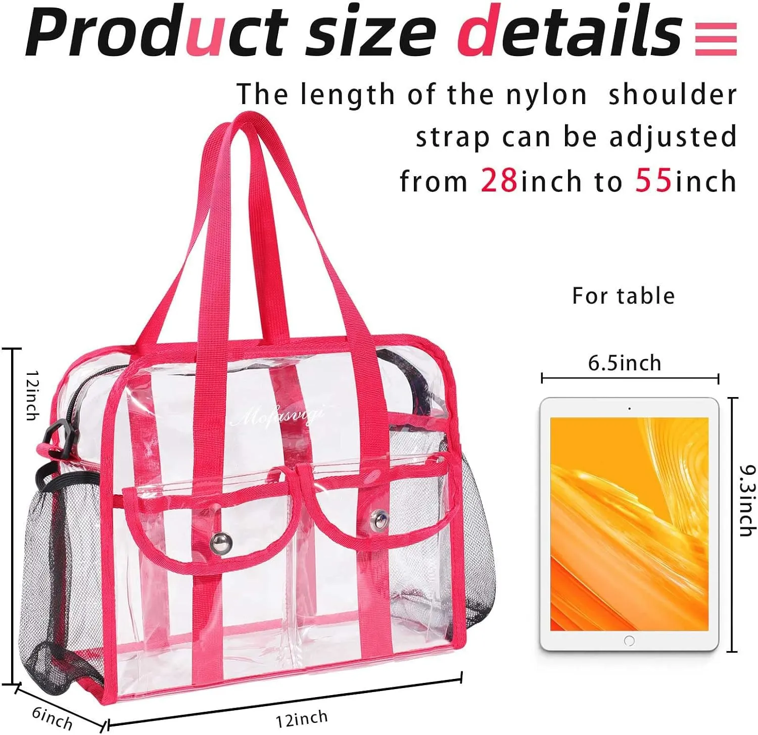 MOFASVIGI Clear Bag Stadium Approved Transparent Waterproof Clear Tote Bags for Work, Sports Games, Concerts,Travel-12 x12 x6