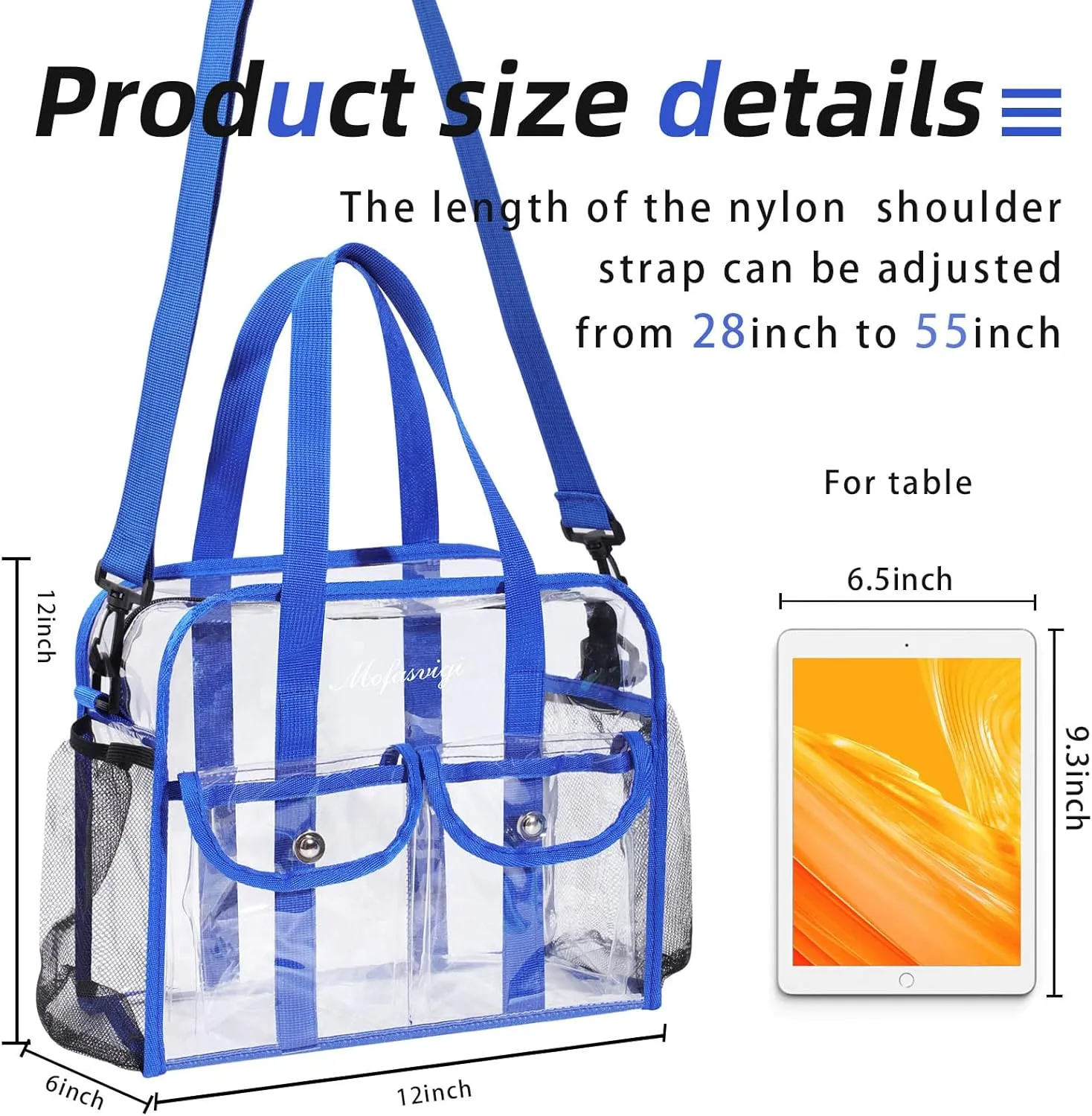 MOFASVIGI Clear Bag Stadium Approved Transparent Waterproof Clear Tote Bags for Work, Sports Games, Concerts,Travel-12 x12 x6