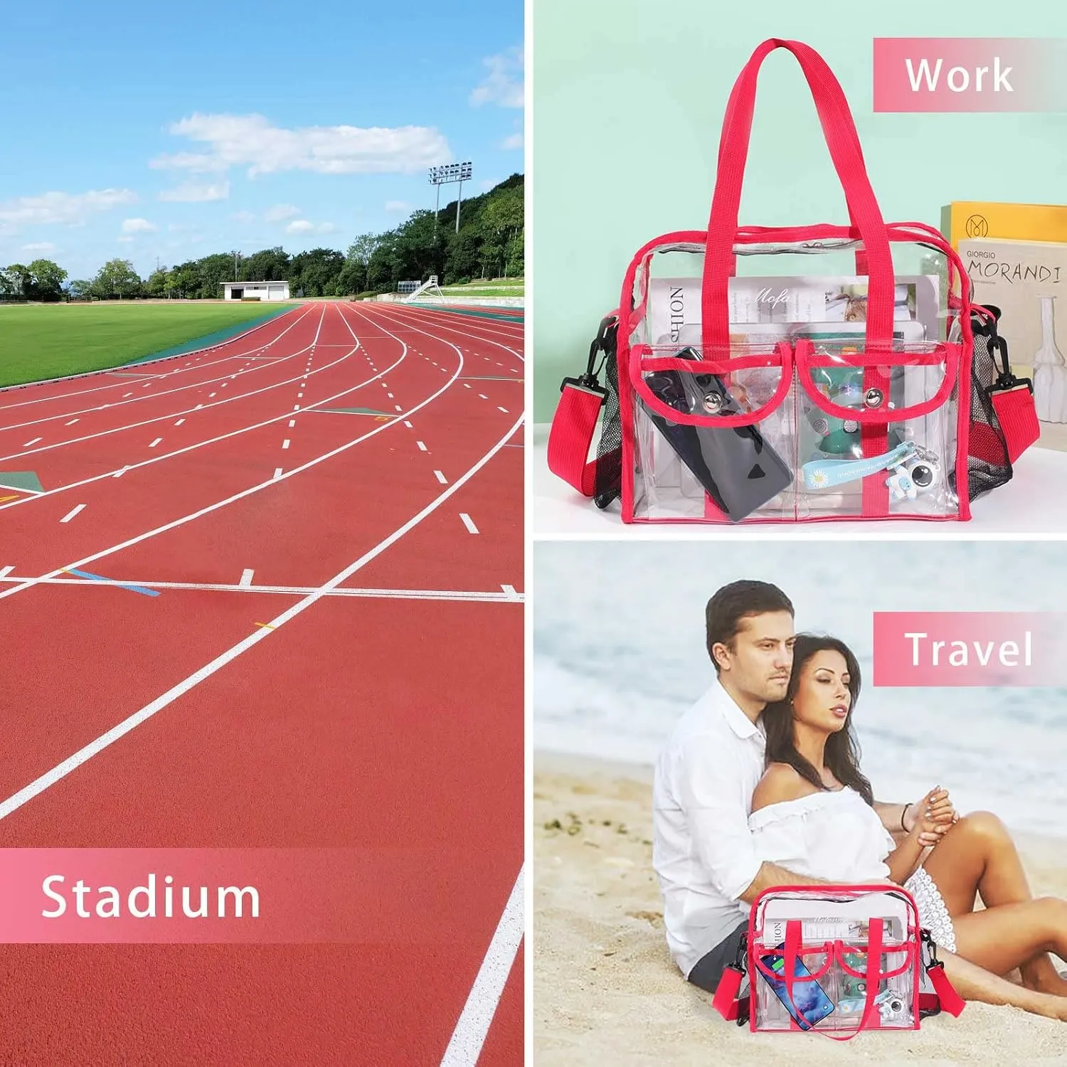 MOFASVIGI Clear Bag Stadium Approved Transparent Waterproof Clear Tote Bags for Work, Sports Games, Concerts,Travel-12 x12 x6